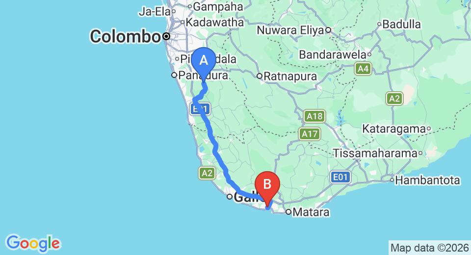 Driving route map: Yala to Weligama (108 km, approx 1 h 51 min private transfer)