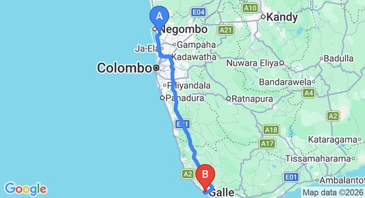 Driving route map: Colombo Airport (CMB) to Amolwasa, Galle (152 km, approx 2 h 11 min private transfer)