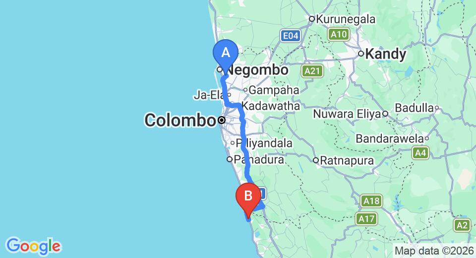 Driving route map: Colombo Airport (CMB) to Pandanus Beach Resort and Spa, Induruwa (113 km, approx 1 h 47 min private transfer)