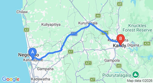 Driving route map: Colombo Airport (CMB) to Blinkbonnie Tourist Inn, Kandy (115 km, approx 2 h 55 min private transfer)