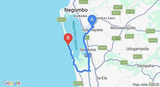 Driving route map: Colombo Airport (CMB) to E-Beach Resort, Negombo (22 km, approx 33 min private transfer)