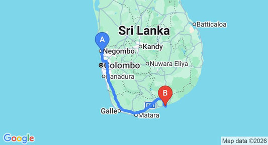 Driving route map: Colombo Airport (CMB) to Explorer by Mahoora, Hambantota (269 km, approx 3 h 27 min private transfer)