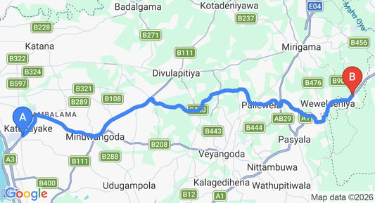 Driving route map: Colombo Airport (CMB) to Danowita (41 km, approx 1 h 13 min private transfer)