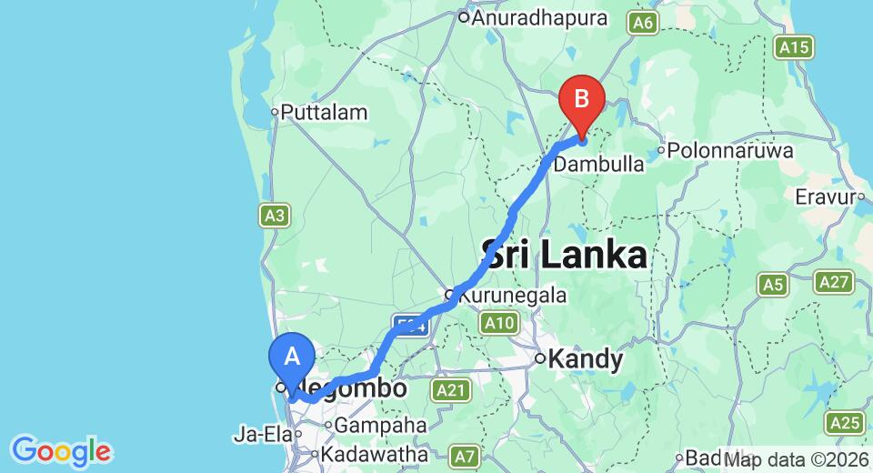 Driving route map: Colombo Airport (CMB) to Sarilco Rock View Treehouse, Sigiriya (147 km, approx 3 h 16 min private transfer)