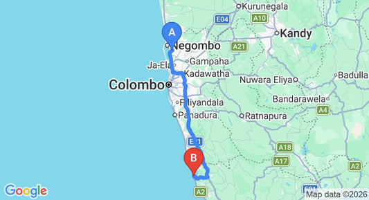 Driving route map: Colombo Airport (CMB) to Vindana Villa, Balapitiya (131 km, approx 2 h 0 min private transfer)