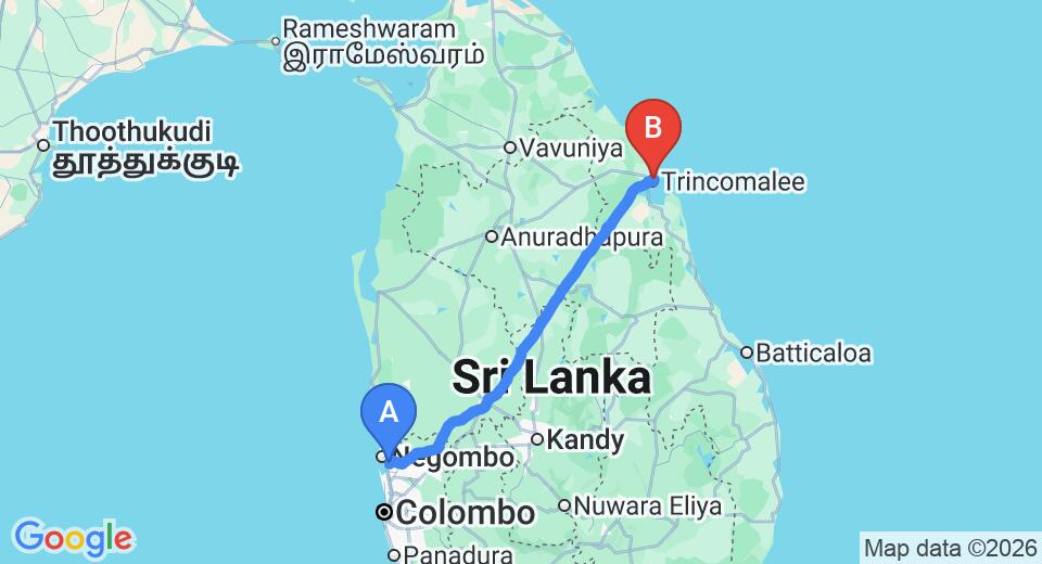 Driving route map: Colombo Airport (CMB) to Elegant Green Beach Resort, Trincomalee (236 km, approx 4 h 48 min private transfer)