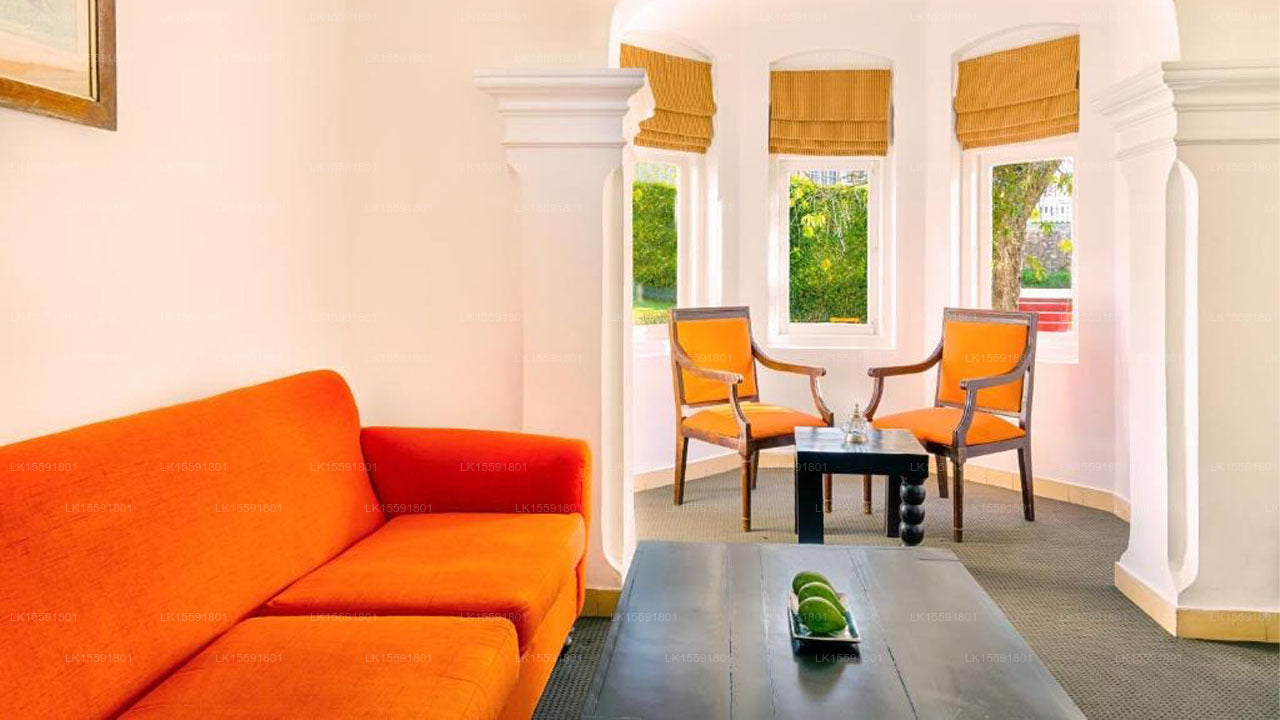 Orange sofa and chairs in a living room with large windows.