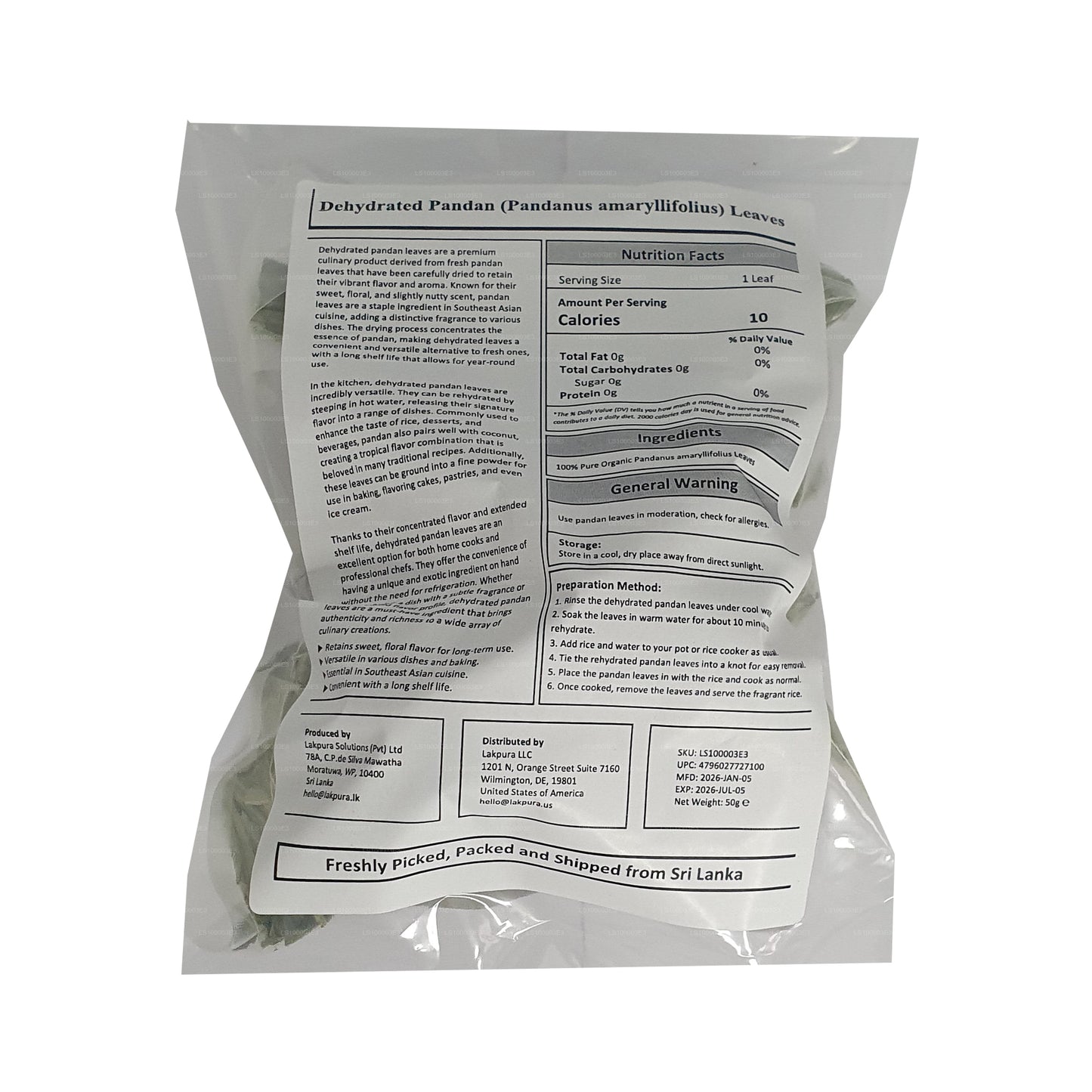 Lakpura® Dehydrated Pandan (Rampe) Leaves