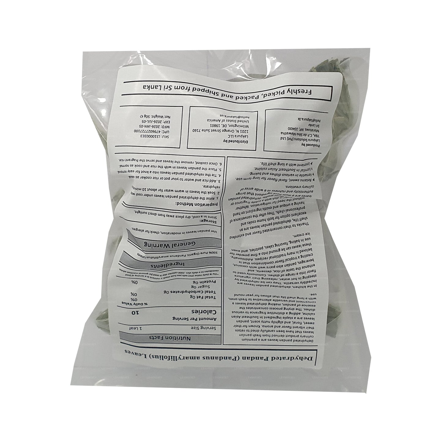 Lakpura® Dehydrated Pandan (Rampe) Leaves
