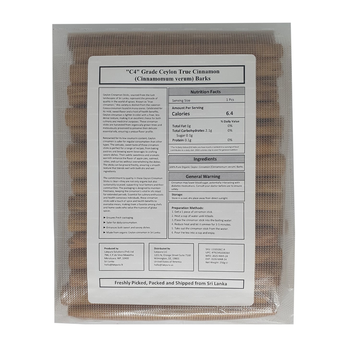 Lakpura 'C4' Grade Ceylon True Cinnamon Barks 5" Cut Pack