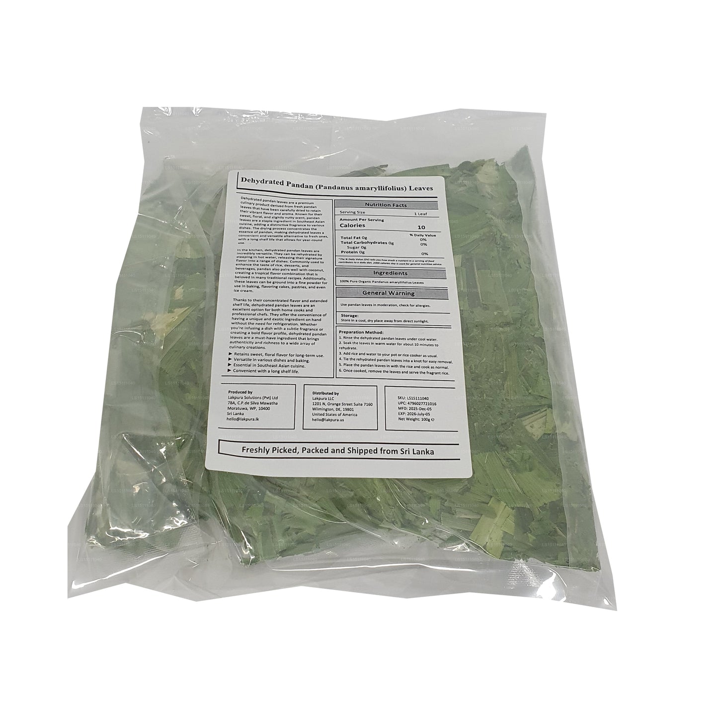Lakpura® Dehydrated Pandan (Rampe) Leaves