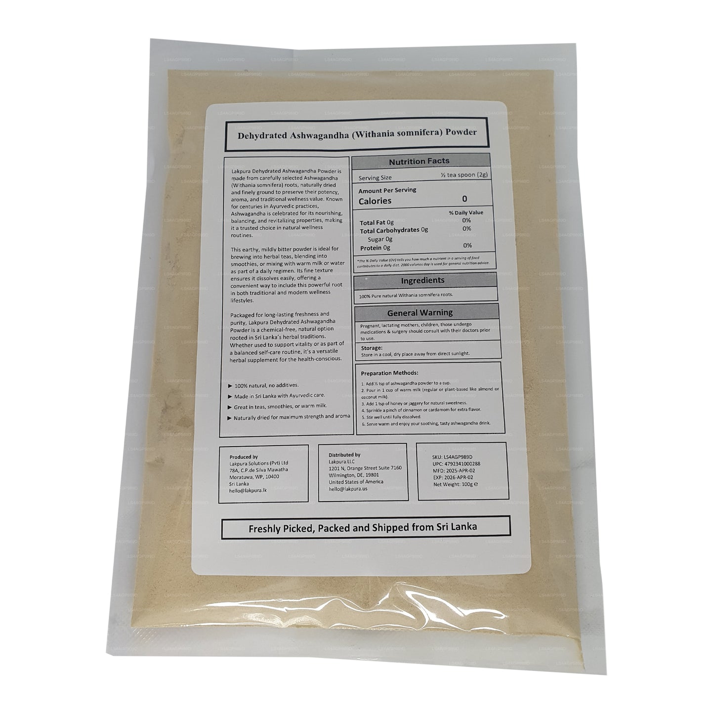 Lakpura® Dehydrate Ashwagandha Powder (100g)