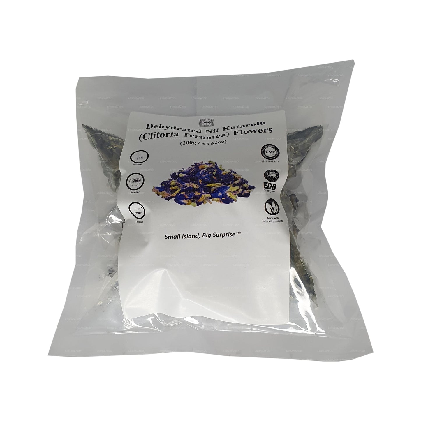 Lakpura® kuivatatud liblikherne (Nil Katarolu; Clitoria Ternatea) õied.