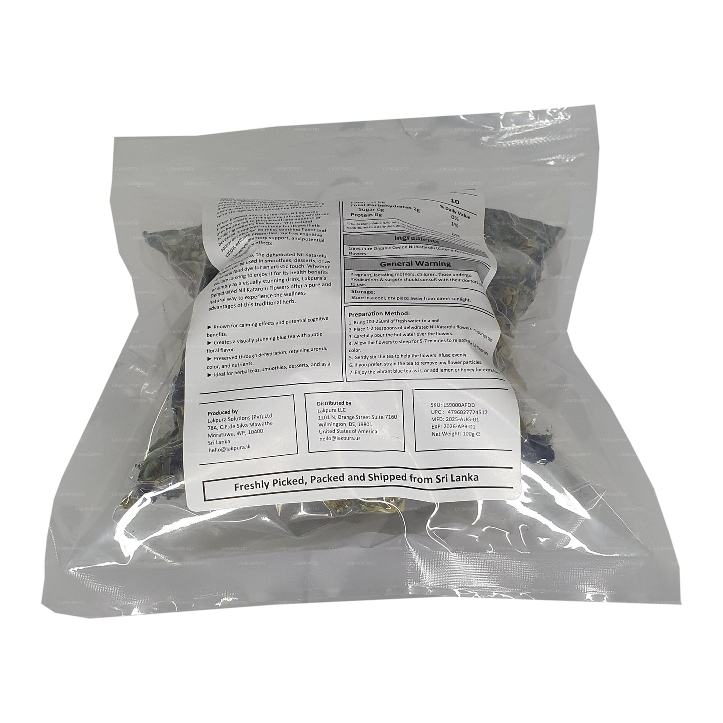 Lakpura® kuivatatud liblikherne (Nil Katarolu; Clitoria Ternatea) õied.