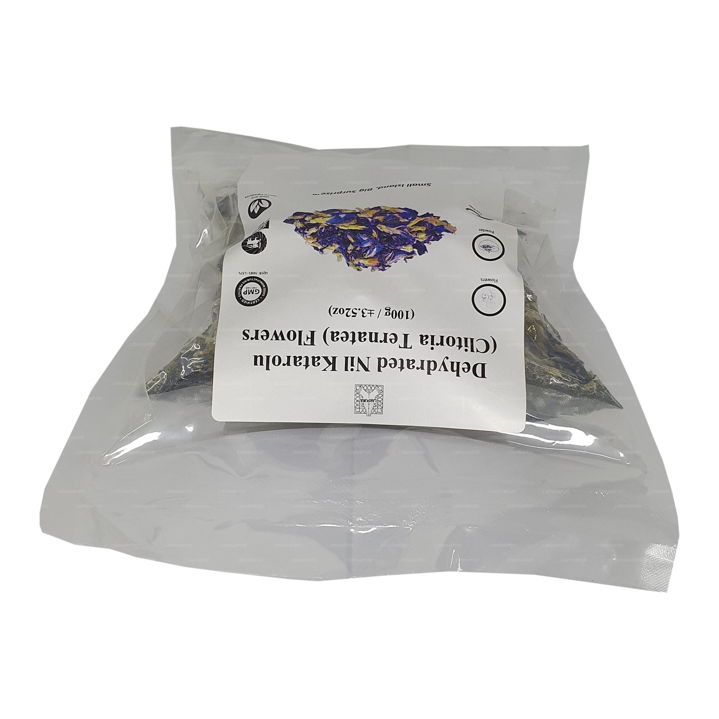 Lakpura® kuivatatud liblikherne (Nil Katarolu; Clitoria Ternatea) õied.
