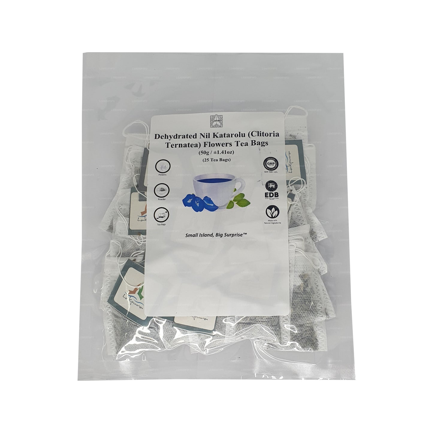 Lakpura® kuivatatud liblikherne (Nil Katarolu; Clitoria Ternatea) õitee kotid (25 teekotti)