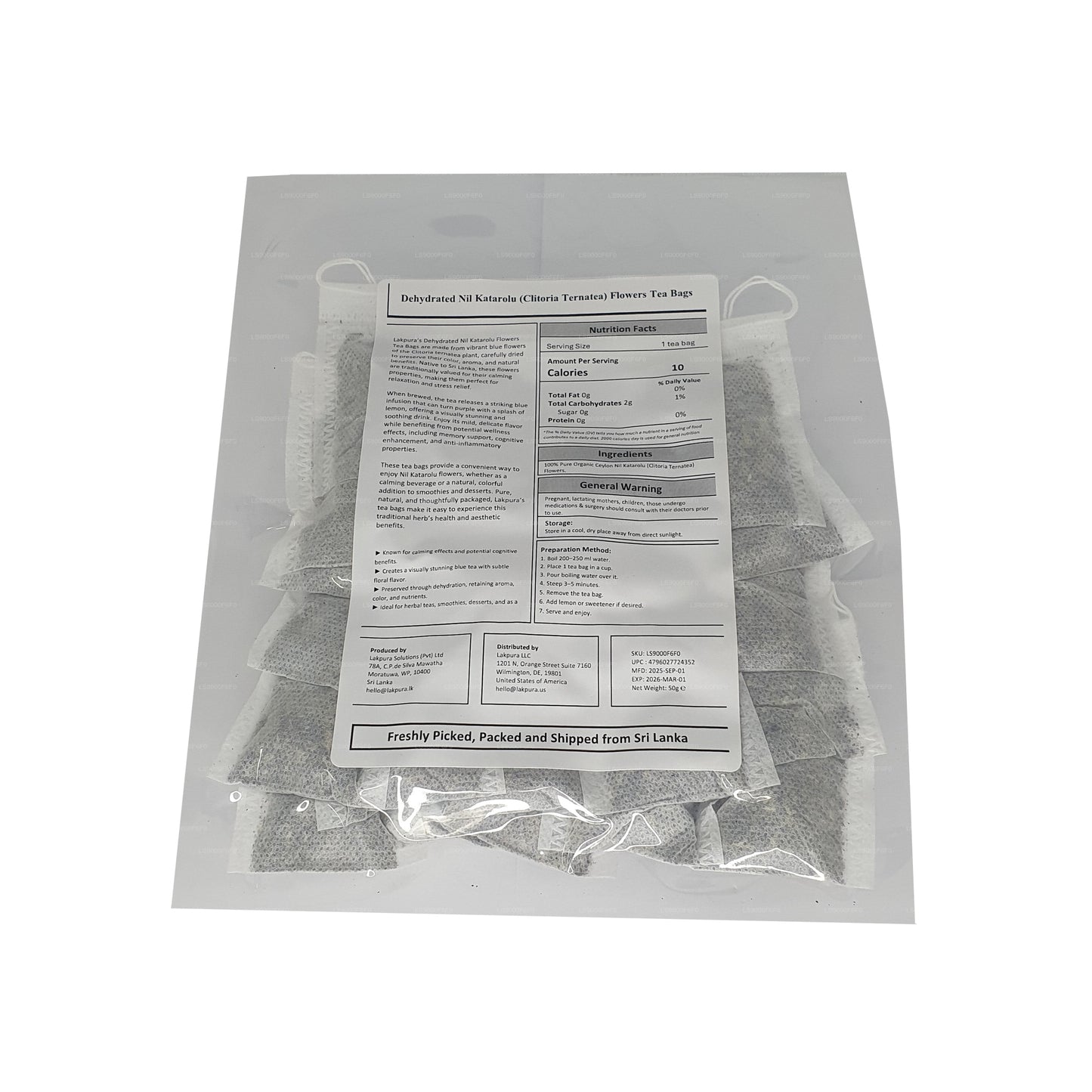 Lakpura® kuivatatud liblikherne (Nil Katarolu; Clitoria Ternatea) õitee kotid (25 teekotti)