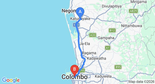 Driving route map: Colombo Airport (CMB) to Colombo (32 km, approx 39 min private transfer)