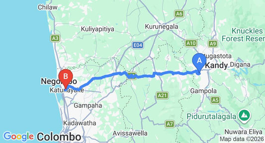 Driving route map: Gadaladeniya to Colombo Airport (CMB) (92 km, approx 2 h 40 min private transfer)
