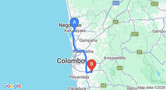 Driving route map: Colombo Airport (CMB) to Amalya Reach Holiday Resort, Colombo (54 km, approx 58 min private transfer)
