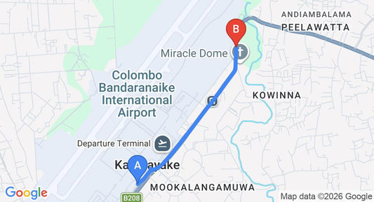 Driving route map: Colombo Airport (CMB) to Otha Shy Airport Hotel, Katunayake (2 km, approx 6 min private transfer)