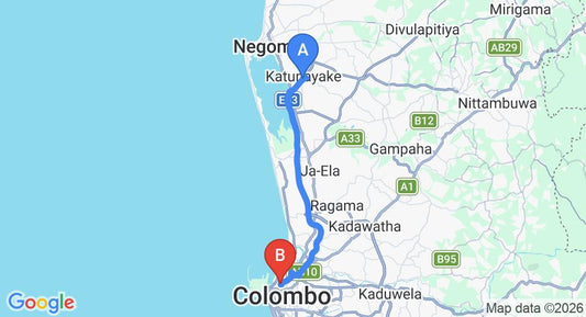 Driving route map: Colombo Airport (CMB) to Pillaiyar Inn An, Colombo (32 km, approx 40 min private transfer)