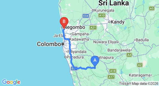 Driving route map: Kalawana to Colombo Airport (CMB) (132 km, approx 2 h 20 min private transfer)