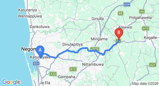 Driving route map: Colombo Airport (CMB) to Ambepussa (47 km, approx 1 h 23 min private transfer)