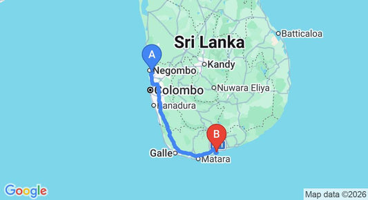 Driving route map: Colombo Airport (CMB) to Cinnabar Resort, Tangalle (218 km, approx 2 h 56 min private transfer)