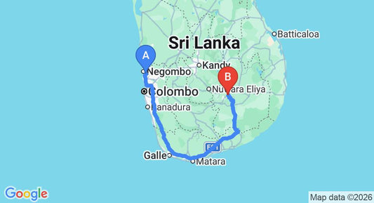 Driving route map: Colombo Airport (CMB) to Hotel Heaven's Edge, Ella (337 km, approx 5 h 2 min private transfer)