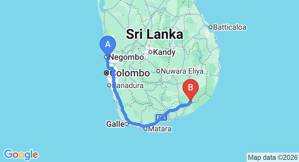 Driving route map: Colombo Airport (CMB) to Hotel Sunflower, Kataragama (286 km, approx 3 h 47 min private transfer)