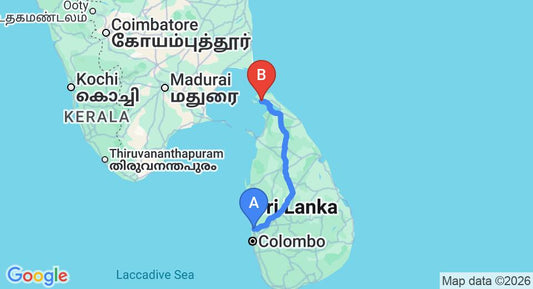 Driving route map: Colombo Airport (CMB) to Thinakkural Rest, Jaffna (371 km, approx 7 h 13 min private transfer)
