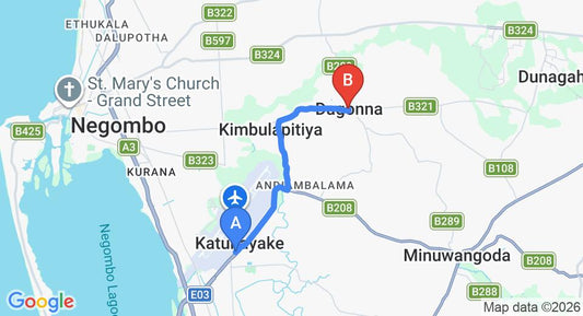 Driving route map: Colombo Airport (CMB) to Dagonna (7 km, approx 16 min private transfer)