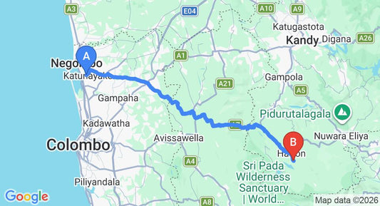 Driving route map: Colombo Airport (CMB) to Dikoya (119 km, approx 3 h 44 min private transfer)