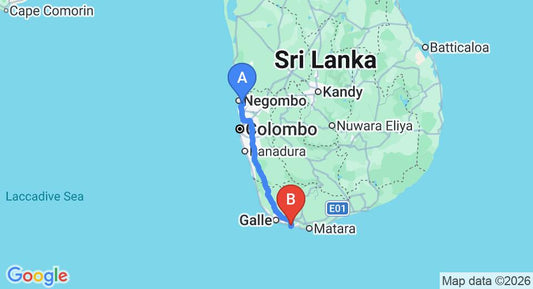 Driving route map: Colombo Airport (CMB) to Villa Republic Bentota, Ahangama (165 km, approx 2 h 21 min private transfer)