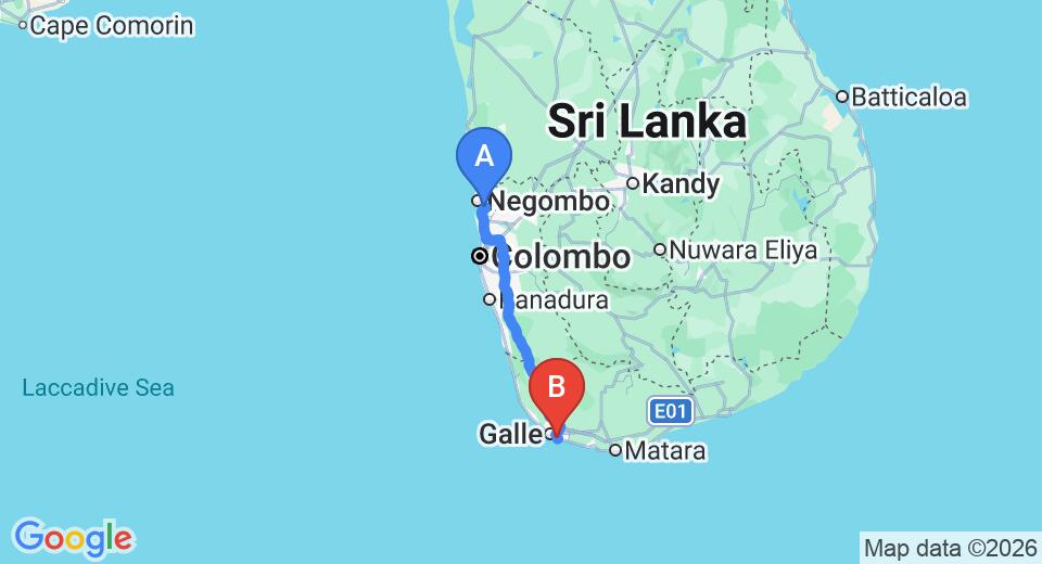 Driving route map: Colombo Airport (CMB) to Villa in Paradise, Unawatuna (153 km, approx 2 h 9 min private transfer)