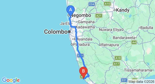 Driving route map: Colombo Airport (CMB) to Time Travelers Nest, Hikkaduwa (143 km, approx 2 h 8 min private transfer)