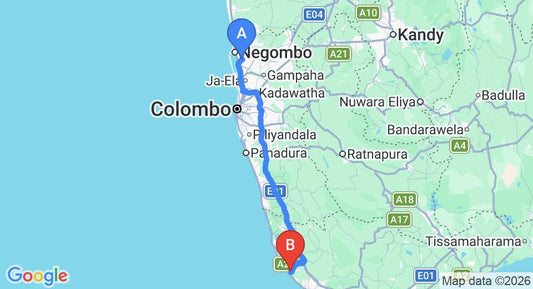 Driving route map: Colombo Airport (CMB) to Villa Kurundu, Hikkaduwa (142 km, approx 2 h 5 min private transfer)