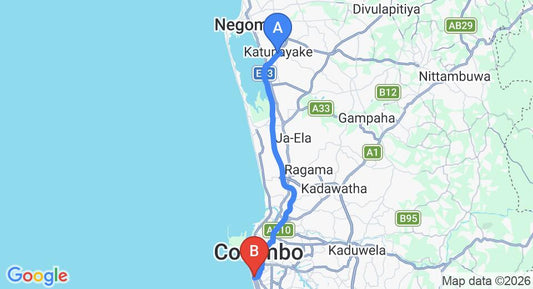 Driving route map: Colombo Airport (CMB) to Pearl City Hotel, Colombo (36 km, approx 50 min private transfer)