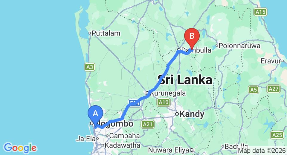 Driving route map: Colombo Airport (CMB) to Wild Forest Eco Lodge, Sinharaja (146 km, approx 3 h 14 min private transfer)
