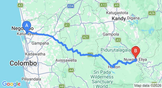 Driving route map: Colombo Airport (CMB) to The Westbury Palace, Nuwara Eliya (154 km, approx 4 h 44 min private transfer)