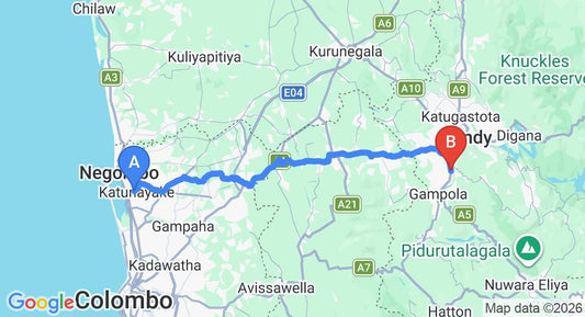 Driving route map: Colombo Airport (CMB) to Gelioya (103 km, approx 3 h 1 min private transfer)