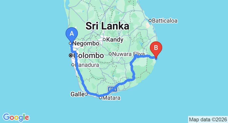 Driving route map: Colombo Airport (CMB) to The Danish Villa, Arugam Bay (418 km, approx 6 h 25 min private transfer)
