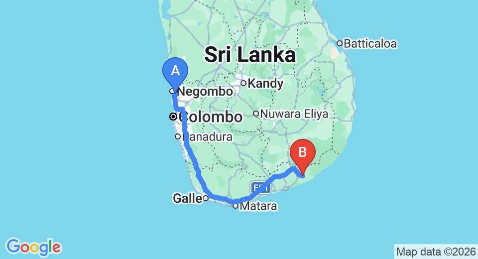 Driving route map: Colombo Airport (CMB) to Water Front Hotel, Tissamaharama (279 km, approx 3 h 43 min private transfer)