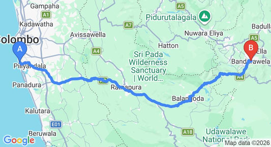 Driving route map: Ratmalana (RML) Airport to Bandarawela (178 km, approx 5 h 3 min private transfer)