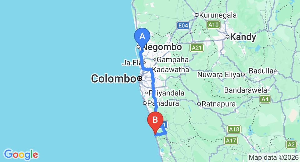 Driving route map: Colombo Airport (CMB) to Ganga Garden Hotel and Restaurant, Aluthgama (106 km, approx 1 h 38 min private transfer)