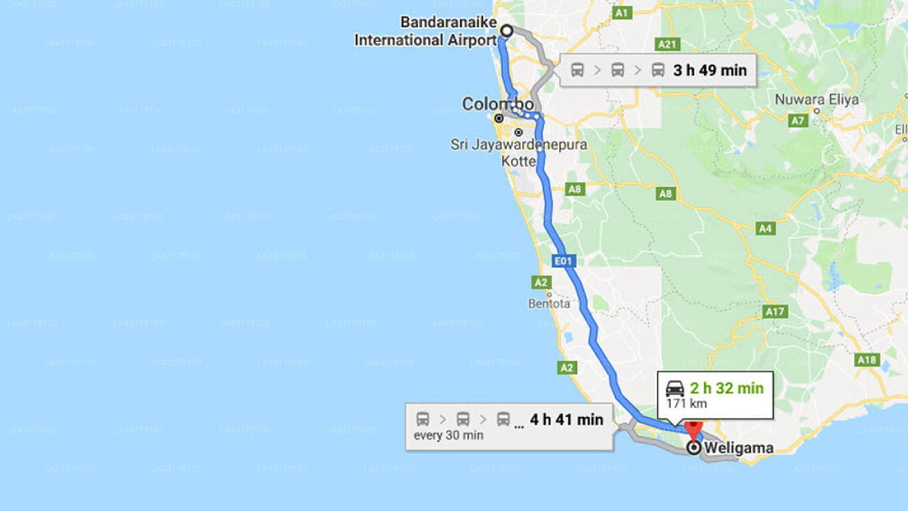 Transfer between Colombo Airport (CMB) and The Villa Tissa Beach Resort, Weligama