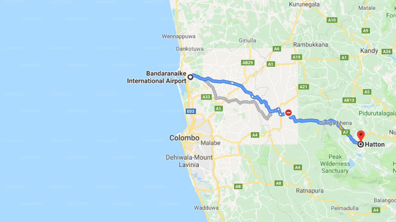 Transfer between Colombo Airport (CMB) and Rock View Rest, Hatton